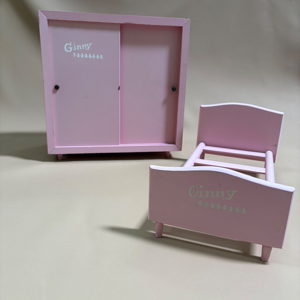 Vintage Ginny Doll Pink Wooden Wardrobe Closet and Matching Bed Set 1950s READ
